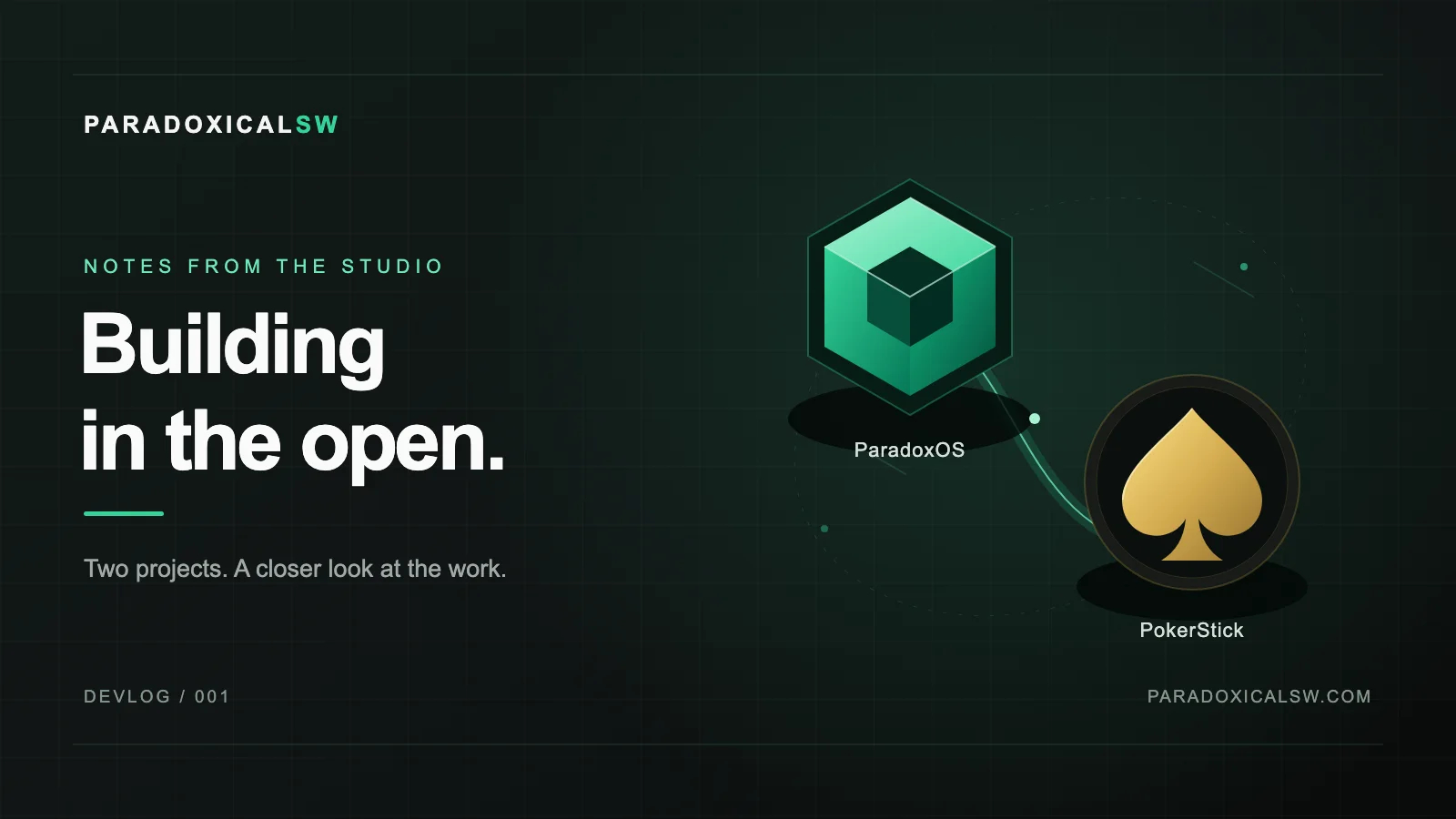 Building in the open: an emerald cube and a gold spade connect ParadoxOS and PokerStick on a charcoal background.